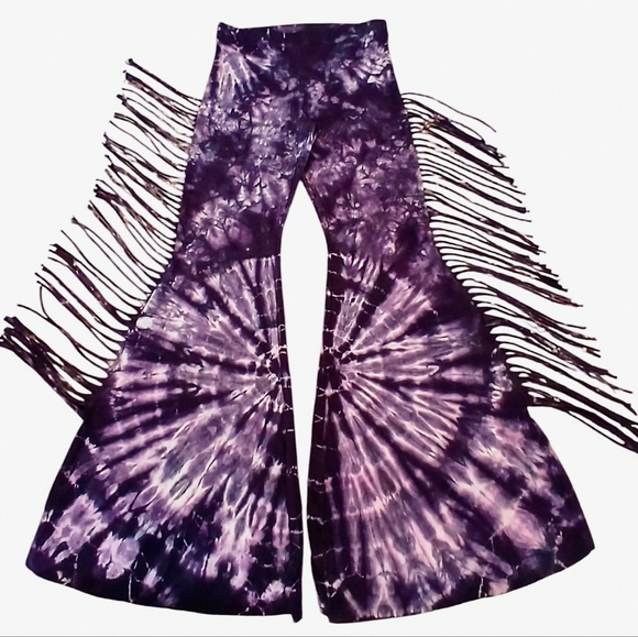 PETITE LENGTH Tie Dye High Waisted Fringe Bell Bottoms - Festival Tie Dye Flares - Picture 4 of 14